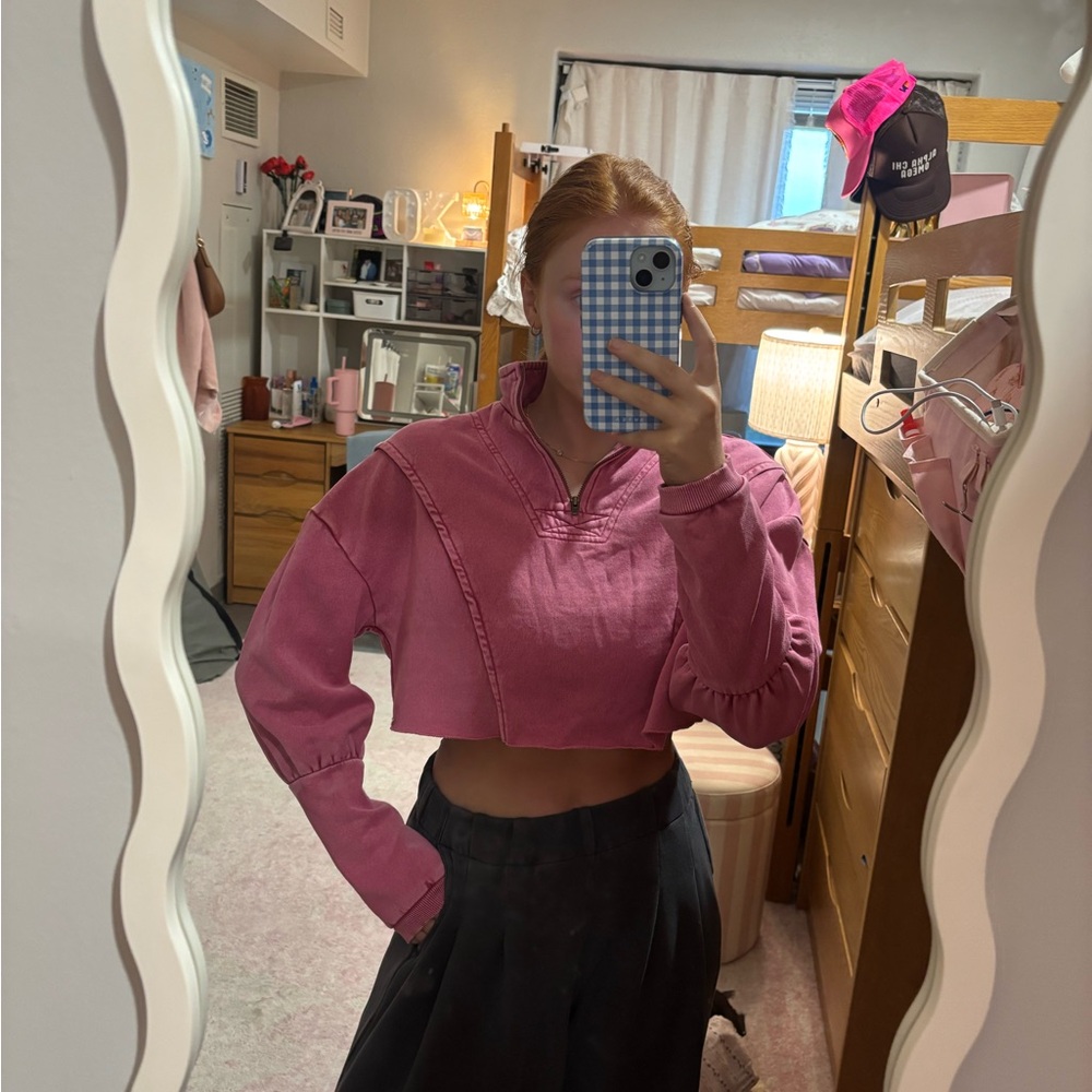 Urban Outfitters Cropped Rose Pink Quarter-Zip Pullover